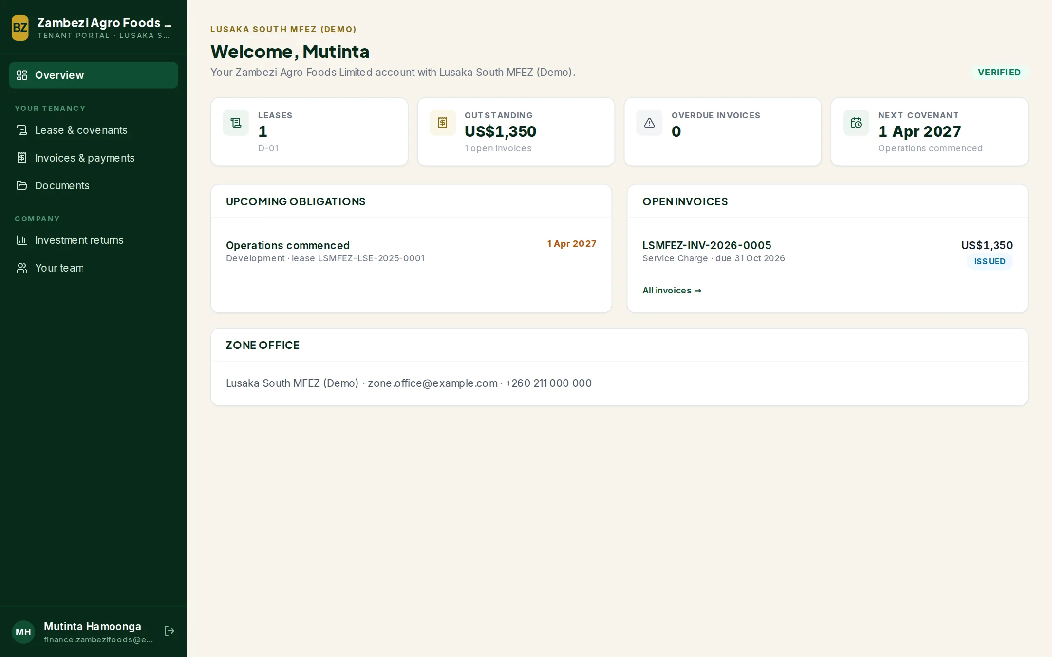 The tenant portal showing a company's lease, invoices and documents